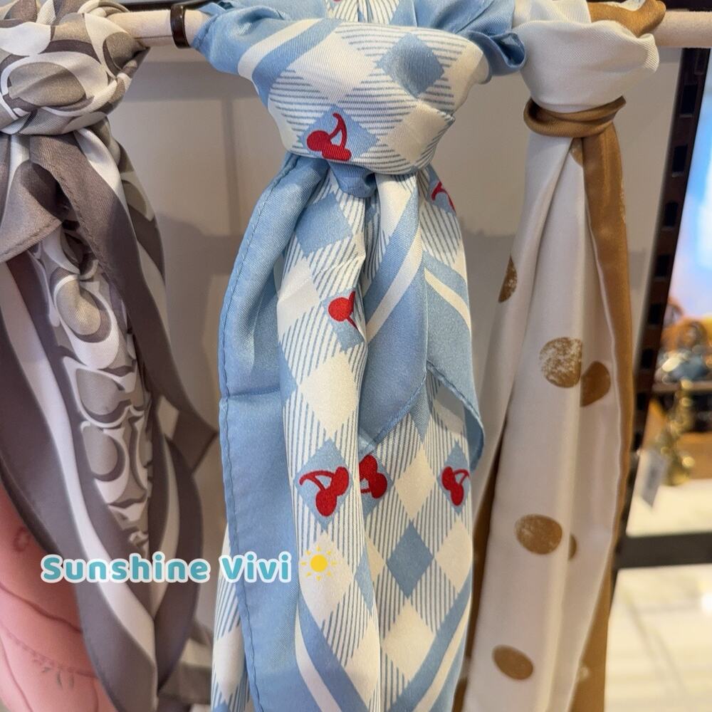 NWT Coach Gingham Cherry Print 100% Silk Bandana Blue/Red CFG33